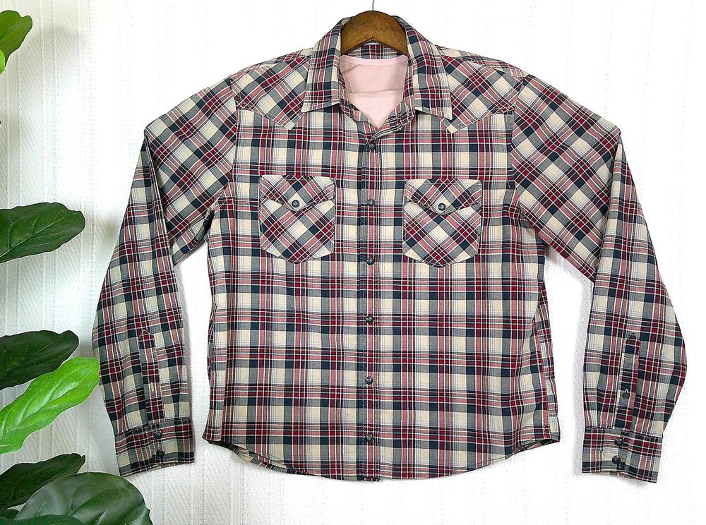 American Eagle Burgundy Blue Plaid Long Sleeve Snap Button Up Shirt-Mens Large